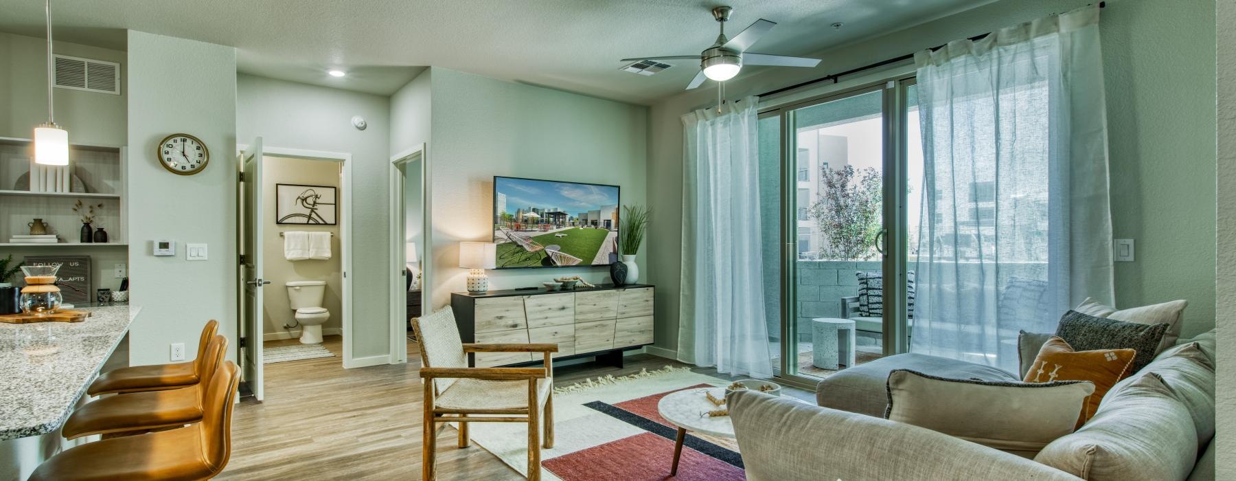 a living room with a large television