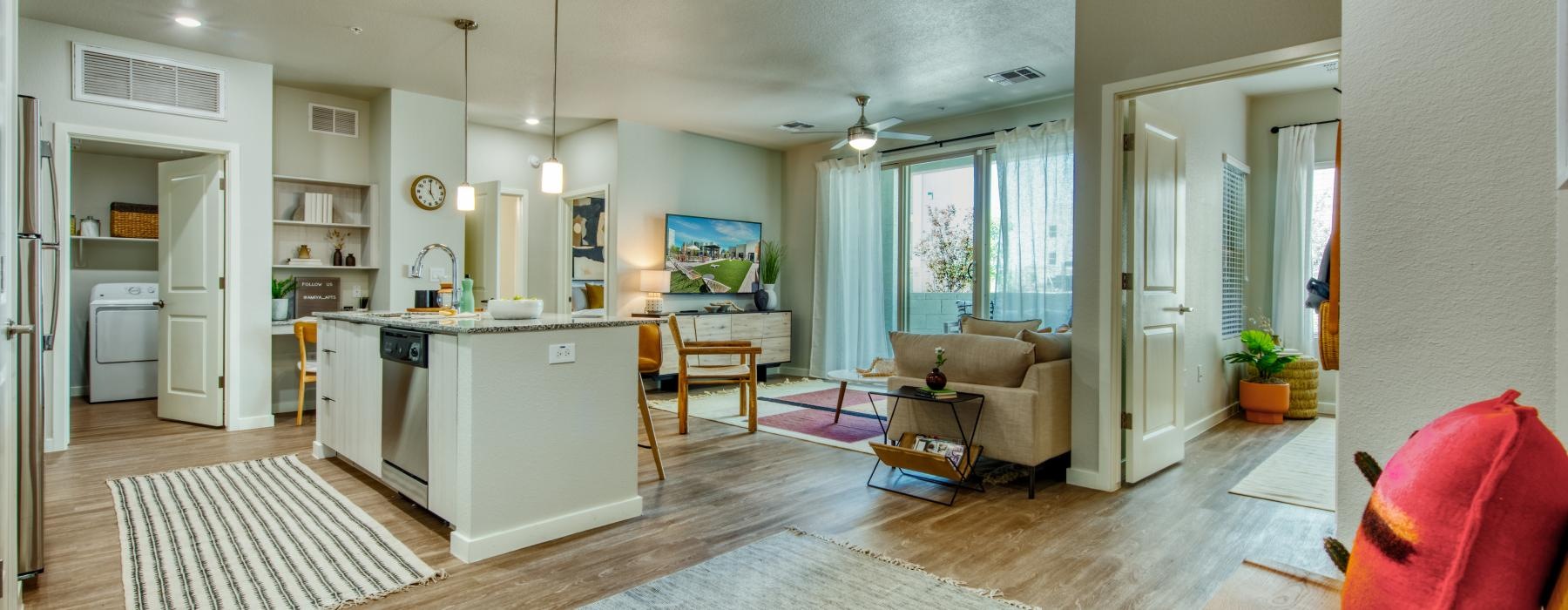 a living room with a wood floor